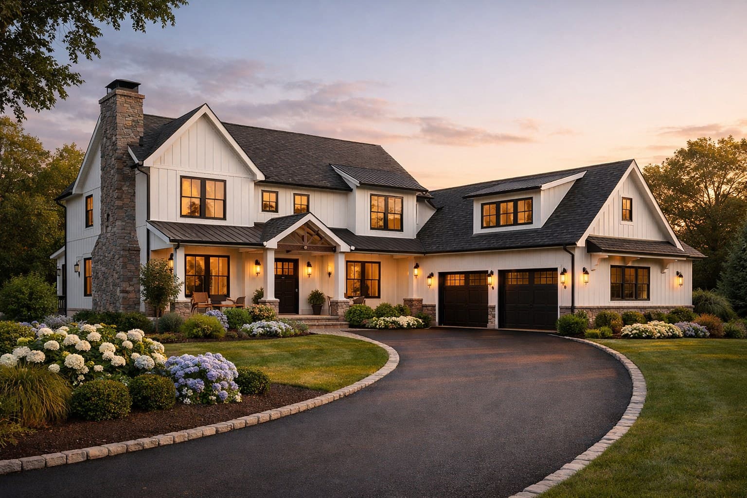 AI Showroom concept render: a white modern farmhouse at dusk with a stone chimney and circular drive.