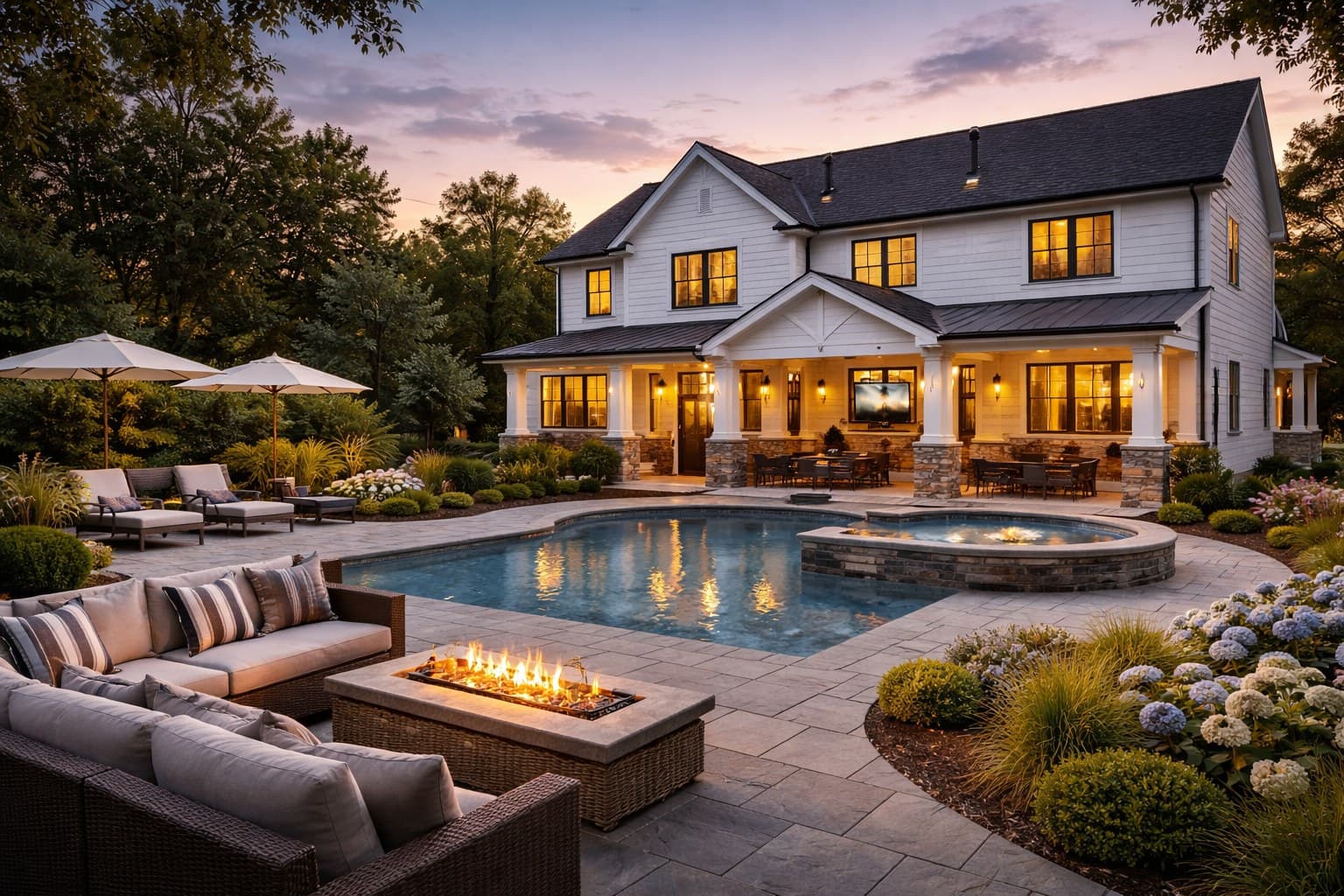 AI Showroom concept render: backyard with a pool, fire pit lounge and covered porch at dusk.